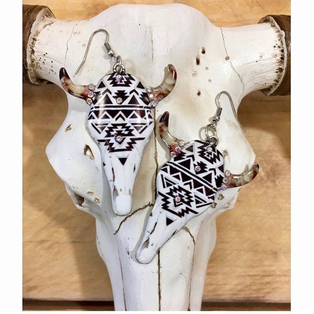 Aztec Print Steer Skull Earrings